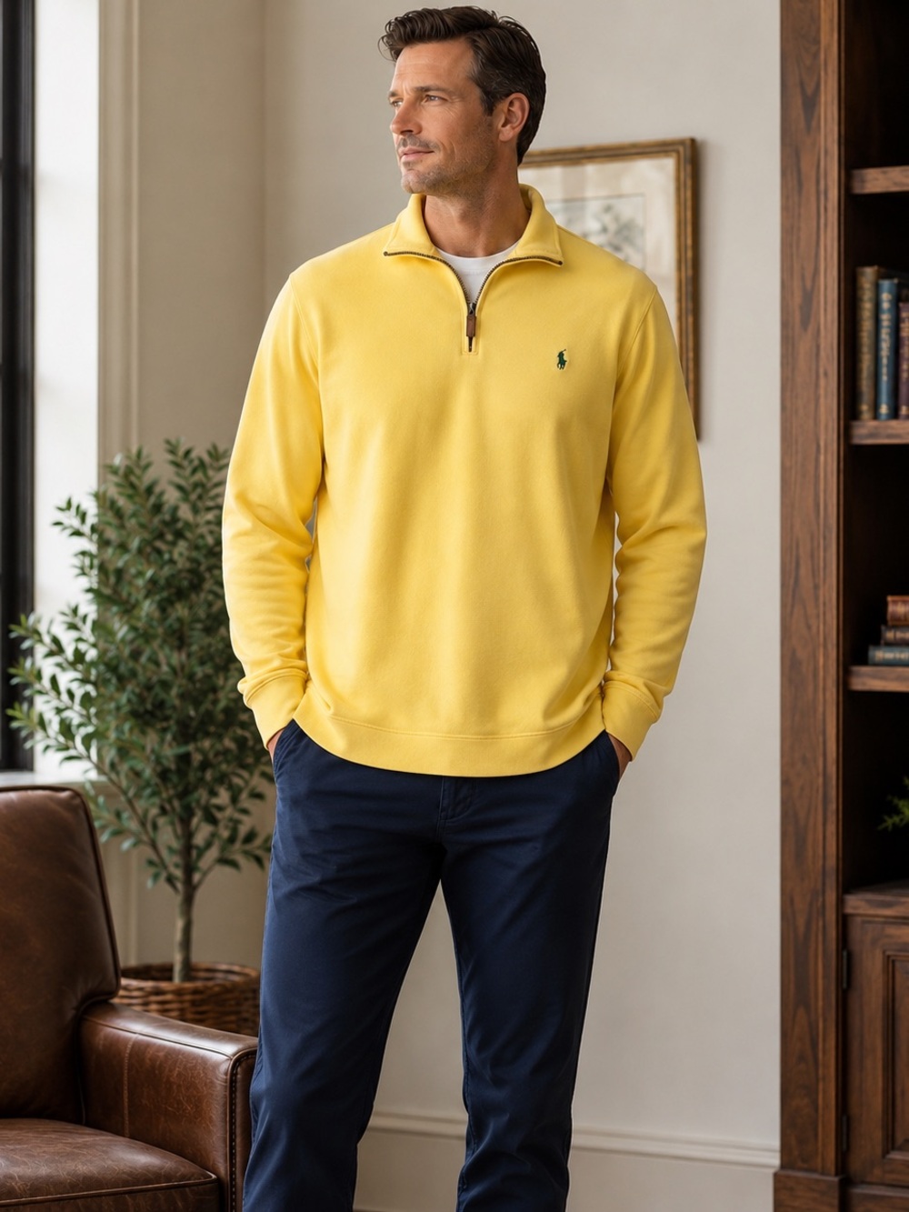 Polo Ralph Lauren Yellow Pullover 1/4 Zip Sweater XLT Tall Mens Long Sleeve VTG